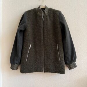 SIR. The Label Mixed Media Boucle Wool Bomber Jacket Olive Green Leather Trim S